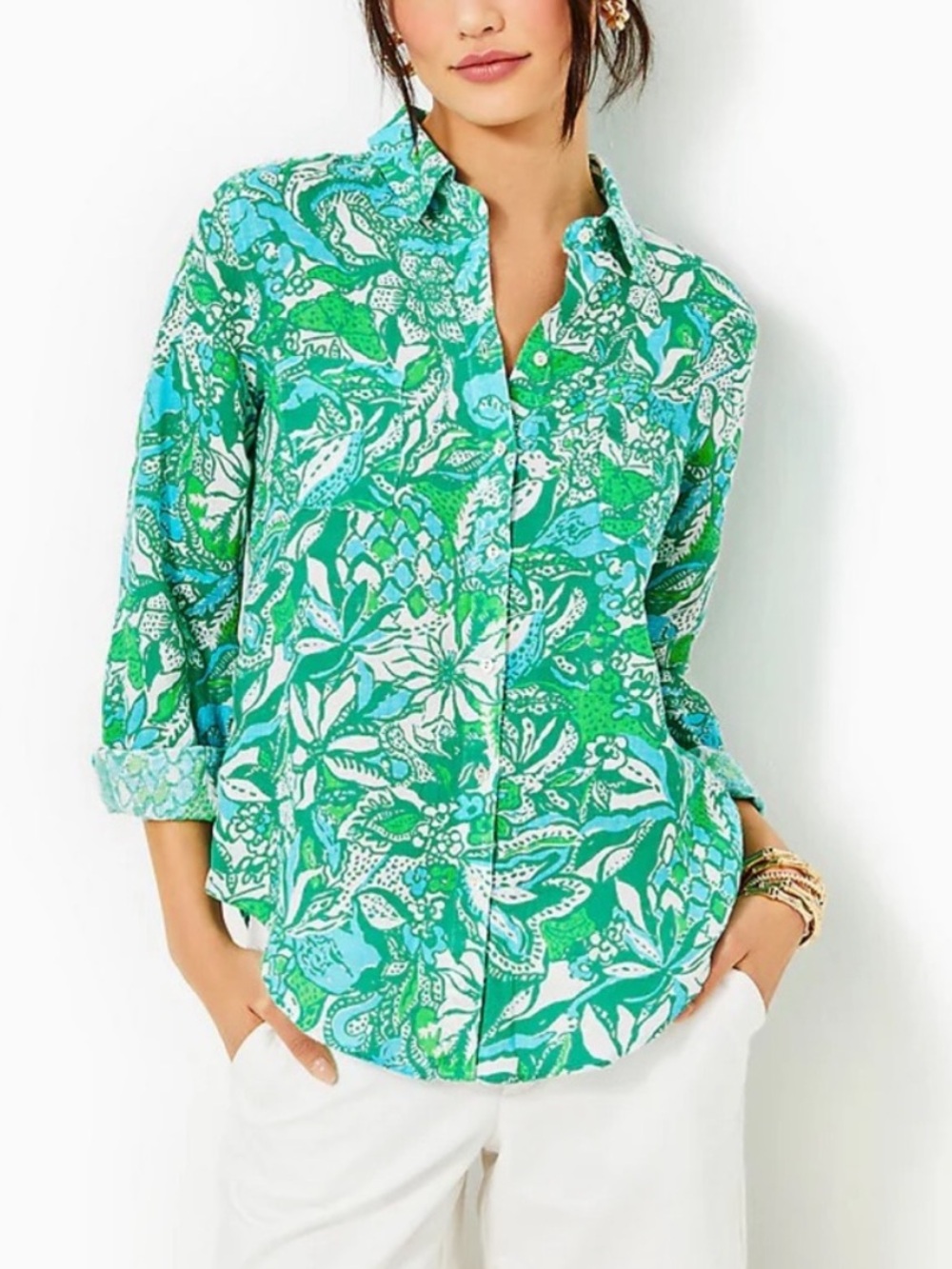 Lilly Pulitzer Sea View Linen Button Down Shirt in Botanical Green Safari Size M